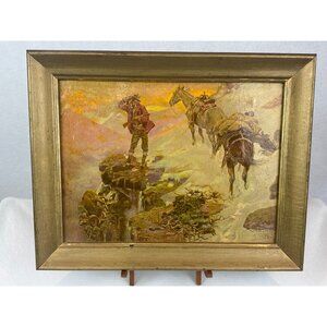 Vintage Western Landscape Painting Horse Rider Framed Charles M Russell